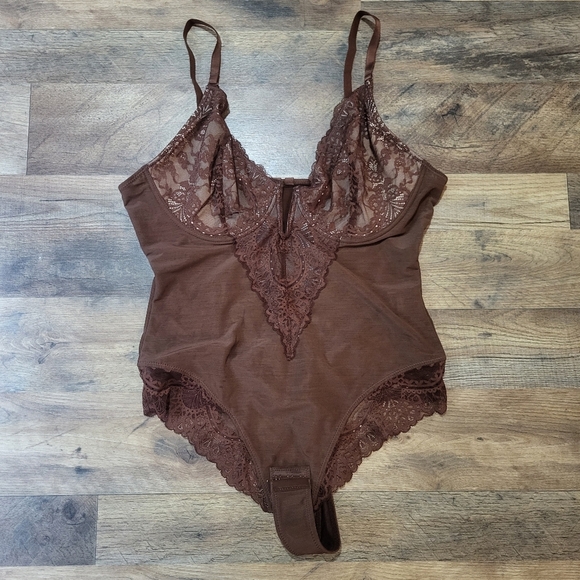 Popilush Dark Brown Corset V Neck Lace Shapewear Tummy Control Bodysuit Size XL - Picture 7 of 12